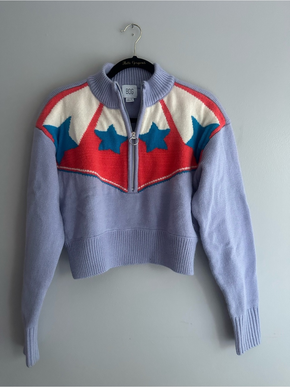 BDG Lilac Half-Zip Sweater with Red and Teal Star Detail
